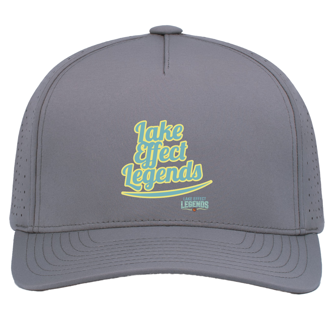 lake-effect-legends-retro-script-pacific-headwear-weekender-perforated-snapback-cap — Graphite — Front — source sha256 157a0066bbea9fafa0f694779c8fee988d22e89e6ec934f16a87adff8976b354 — Color position 4