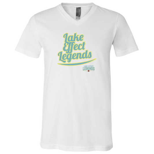 lake-effect-legends-retro-script-bella-canvas-unisex-jersey-ss-v-neck-t-shirt — White — Front — source sha256 15c4297da40cce31d365d49831c9b443fc0e1f5aaaab0f4f2d5b51ec38192106 — Color position 1