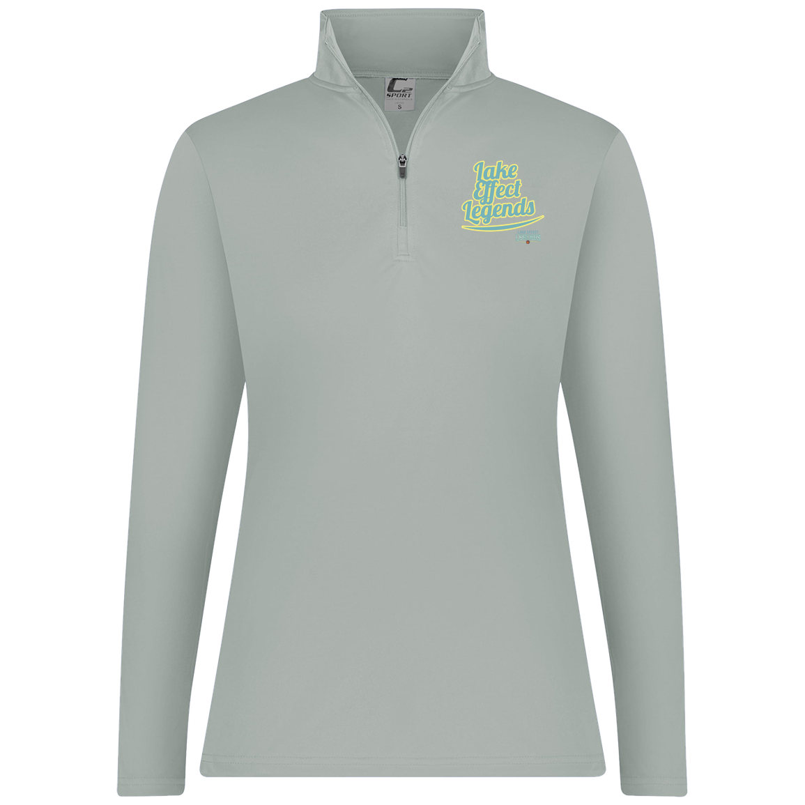 lake-effect-legends-retro-script-c2-womens-1-4-zip-pullover — Silver — Front — source sha256 222dda7eafed8429d9695bc9bf5404170f2462724b1c7c2c8c2e0003ac3dce1a — Color position 2
