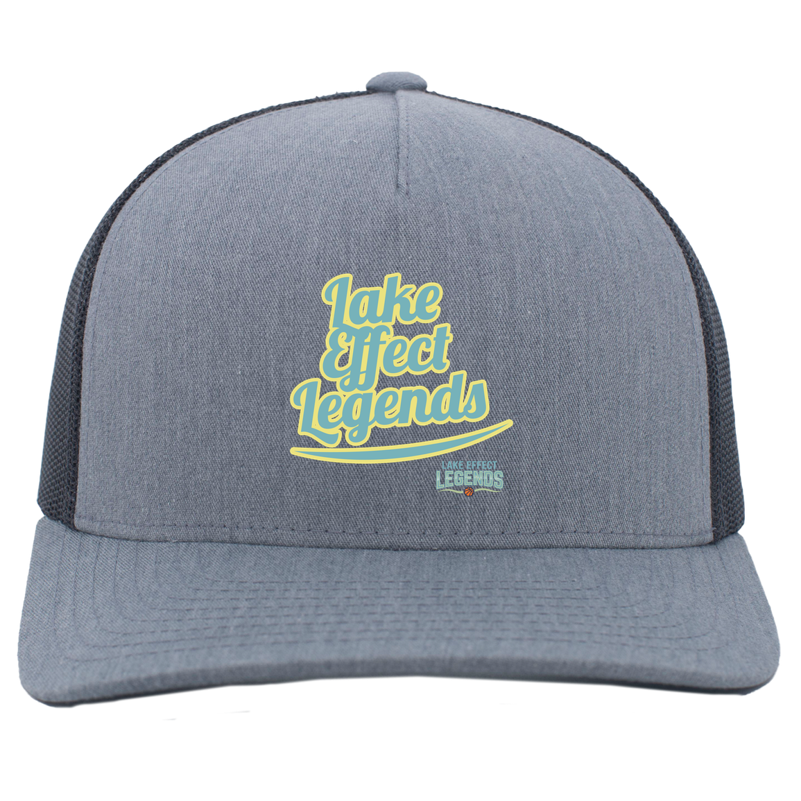 lake-effect-legends-retro-script-pacific-headwear-5-panel-trucker-snapback-cap — Heather Grey/Light Charcoal — Front — source sha256 303cde1df294b2d5b9cf6df85174f591b71d524e85ced5ec3cedb382f4ef503b — Color position 2