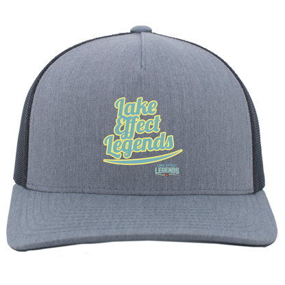 lake-effect-legends-retro-script-pacific-headwear-5-panel-trucker-snapback-cap — Heather Grey/Light Charcoal — Front — source sha256 303cde1df294b2d5b9cf6df85174f591b71d524e85ced5ec3cedb382f4ef503b — Color position 2