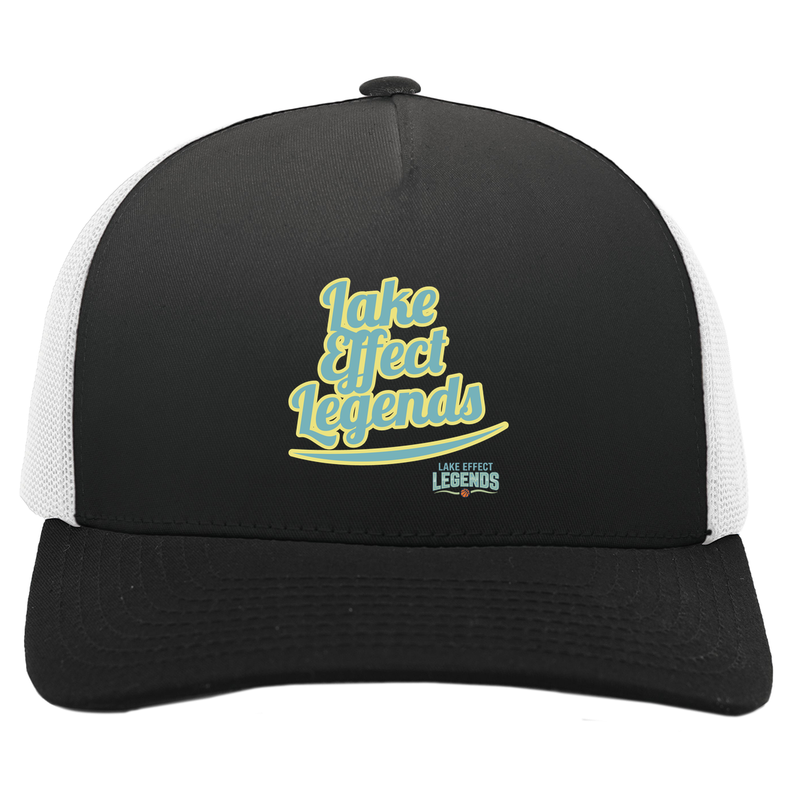 lake-effect-legends-retro-script-pacific-headwear-5-panel-trucker-snapback-cap — Black/White — Front — source sha256 3622c46c80c6788d99e9c81134ae1001b2965ca937685cabf12350cc577a4896 — Color position 4