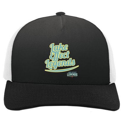 lake-effect-legends-retro-script-pacific-headwear-5-panel-trucker-snapback-cap — Black/White — Front — source sha256 3622c46c80c6788d99e9c81134ae1001b2965ca937685cabf12350cc577a4896 — Color position 4