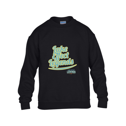 lake-effect-legends-retro-script-gildan-kids-heavy-blend-fleece-crew — Black — Front — source sha256 4a6f572e6dfda02a0c814bfd681522185543dbb87a31f514be749ef58fa66453 — Color position 1