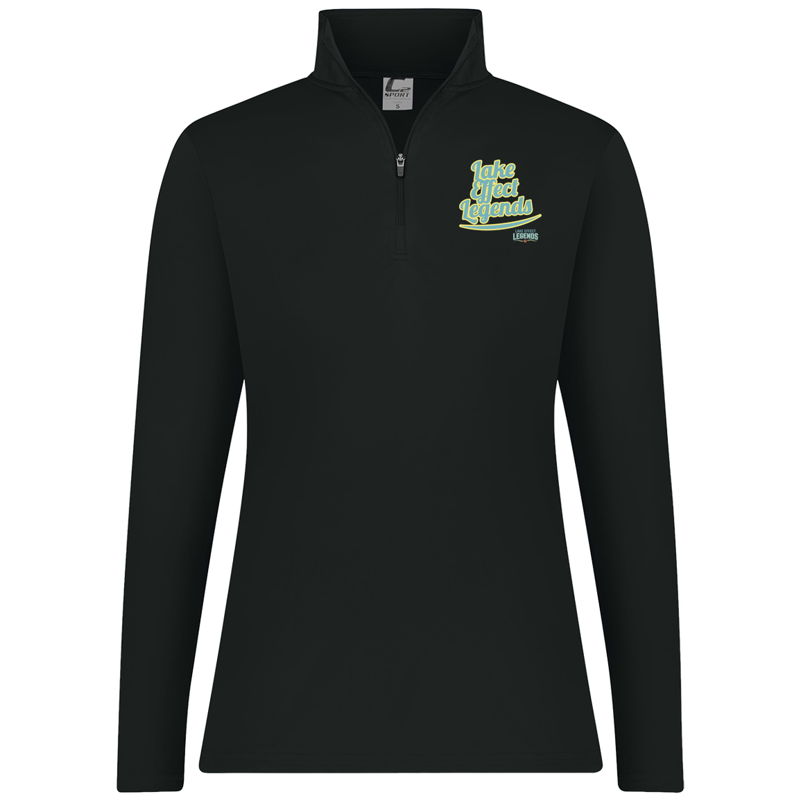 lake-effect-legends-retro-script-c2-womens-1-4-zip-pullover — Black — Front — source sha256 58cecba675ee74d013a0fad24c1896cb1f8a099e9c54f39f2e656edd5ee44a23 — Color position 1