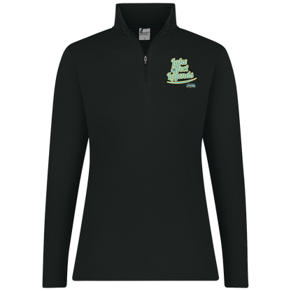 lake-effect-legends-retro-script-c2-womens-1-4-zip-pullover — Black — Front — source sha256 58cecba675ee74d013a0fad24c1896cb1f8a099e9c54f39f2e656edd5ee44a23 — Color position 1
