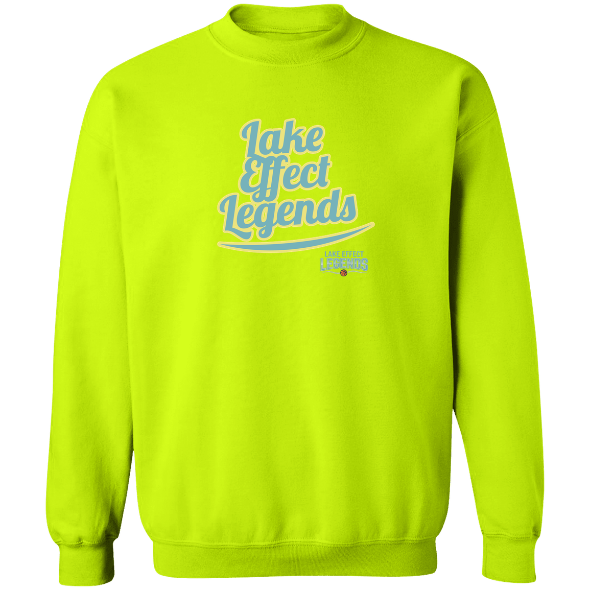 lake-effect-legends-retro-script-gildan-crewneck-pullover-sweatshirt — Safety Green — Front — source sha256 59d469e5566a8781f8daa0d08a6b9c97b688f7910da42a0da5dcf8a5cdb9ebc7 — Color position 8