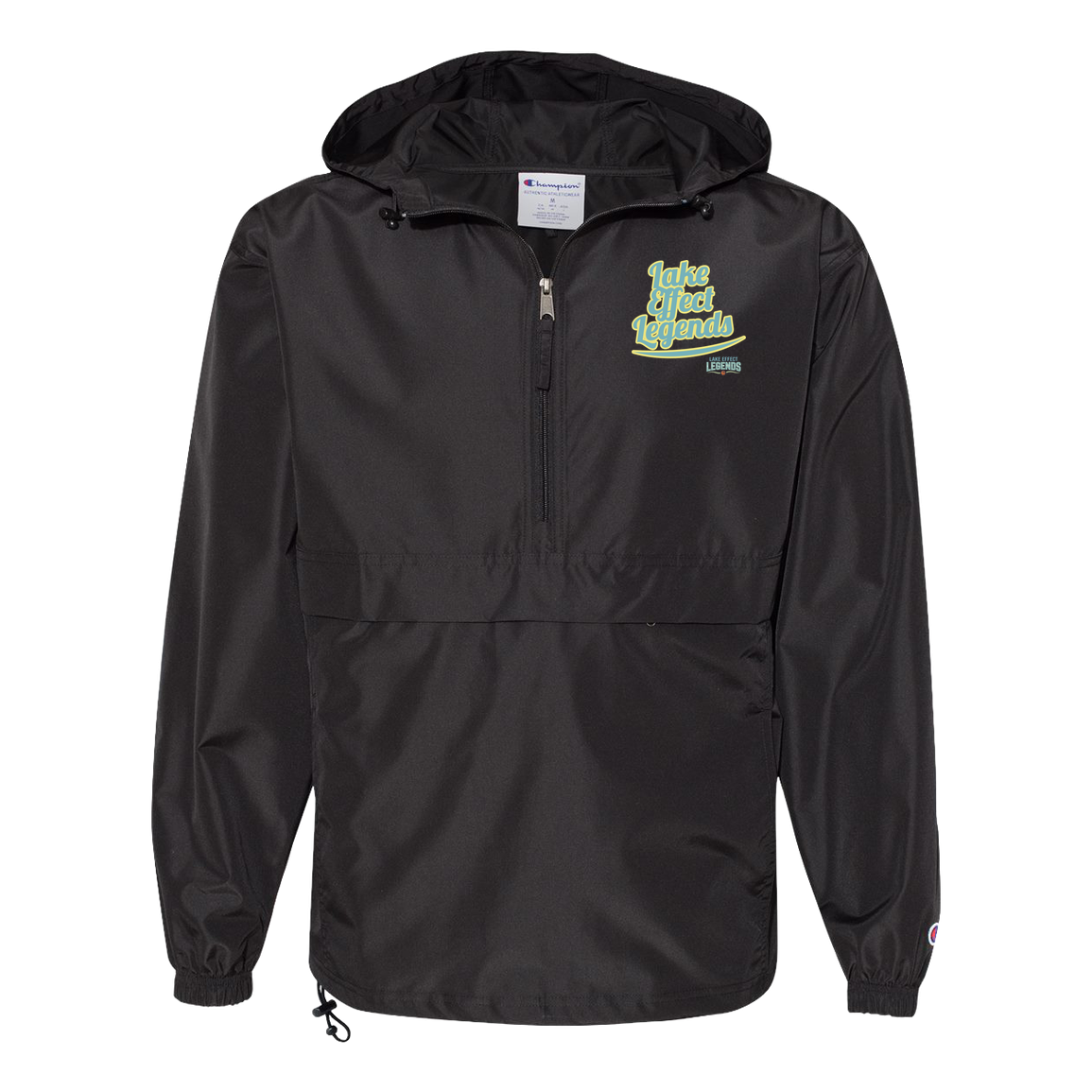 lake-effect-legends-retro-script-champion-unisex-packable-anorak-jacket — Black — Front — source sha256 61570537489c2786369c8cea073b43912332e10950371a1bd60d0d9d71a88480 — Color position 1