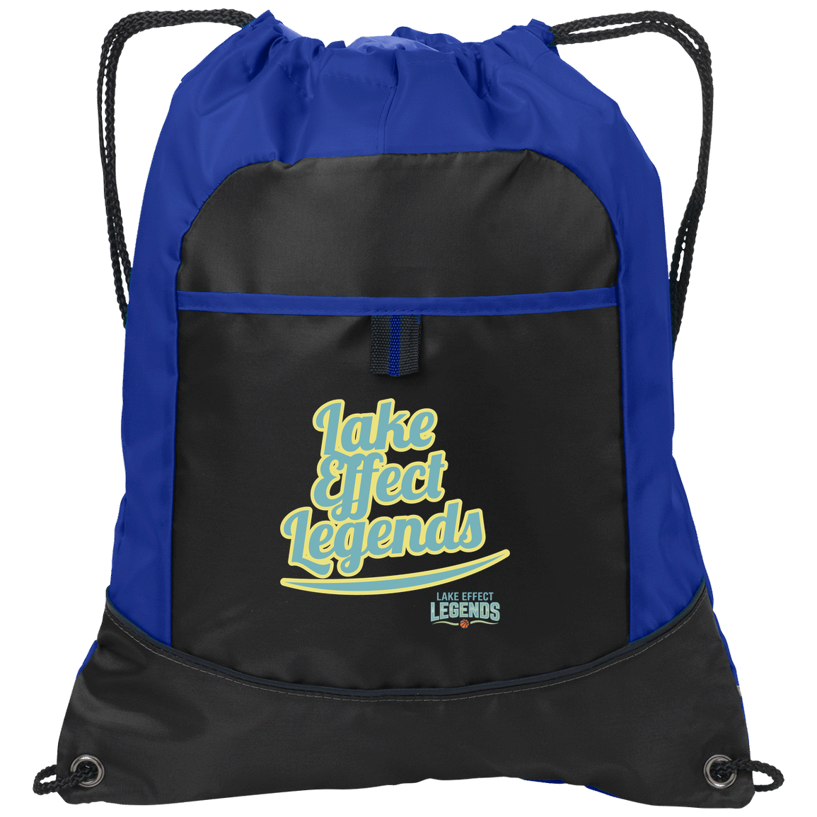 lake-effect-legends-retro-script-port-authority-pocket-cinch-pack — Black/Hyper Blue — Front — source sha256 658f6fa7eaf57e76287a934c3c540fae25478cf9332f03152e0aefb18961792f — Color position 1