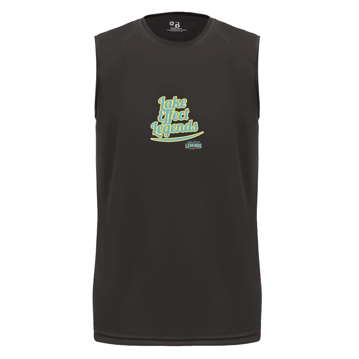lake-effect-legends-retro-script-badger-b-core-sleeveless-performance-tee — Black — Front — source sha256 698928bd6400f6d7f83dfaff679011576ebfe59a1a050aec760da8dbae0e9590 — Color position 1