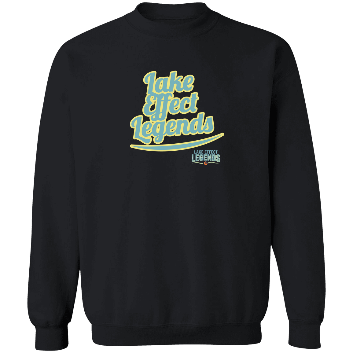 lake-effect-legends-retro-script-gildan-crewneck-pullover-sweatshirt — Black — Front — source sha256 7abcdec23f2700a580b151e6be29b98d73ad05752d15cfe50b5093ab7f1c02ac — Color position 4