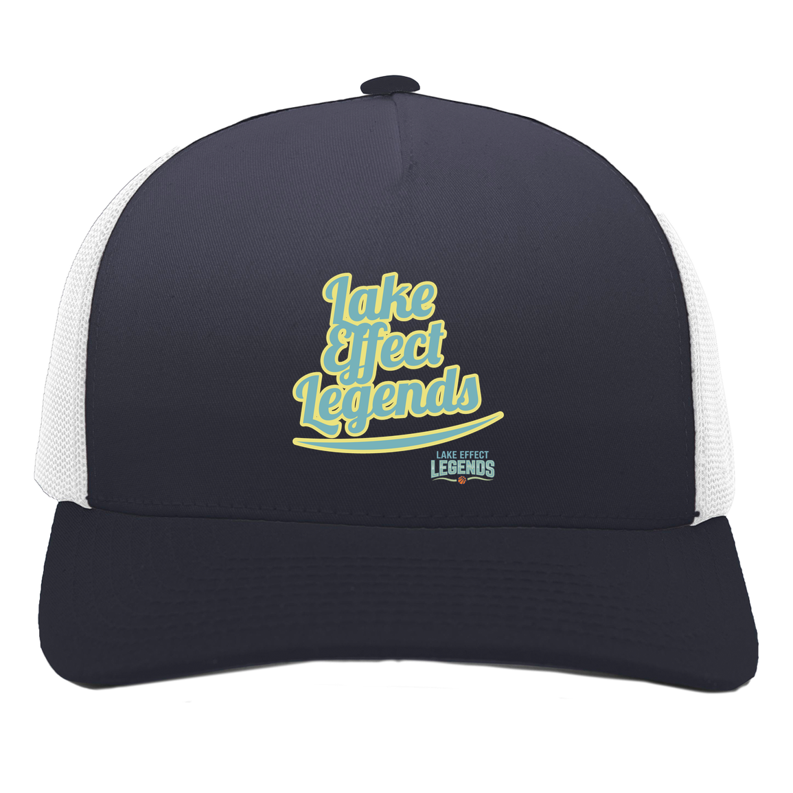 lake-effect-legends-retro-script-pacific-headwear-5-panel-trucker-snapback-cap — Navy/White — Front — source sha256 7d7537c2c7fb8fb3659921a12a6b8c64ffdc390f3b2b371ca2d362a915d96fb4 — Color position 1