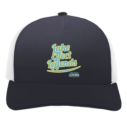 lake-effect-legends-retro-script-pacific-headwear-5-panel-trucker-snapback-cap — Navy/White — Front — source sha256 7d7537c2c7fb8fb3659921a12a6b8c64ffdc390f3b2b371ca2d362a915d96fb4 — Color position 1