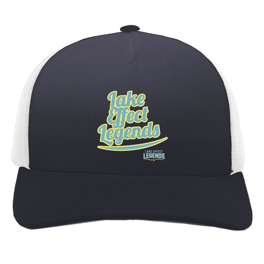lake-effect-legends-retro-script-pacific-headwear-5-panel-trucker-snapback-cap — Navy/White — Front — source sha256 7d7537c2c7fb8fb3659921a12a6b8c64ffdc390f3b2b371ca2d362a915d96fb4 — Color position 1