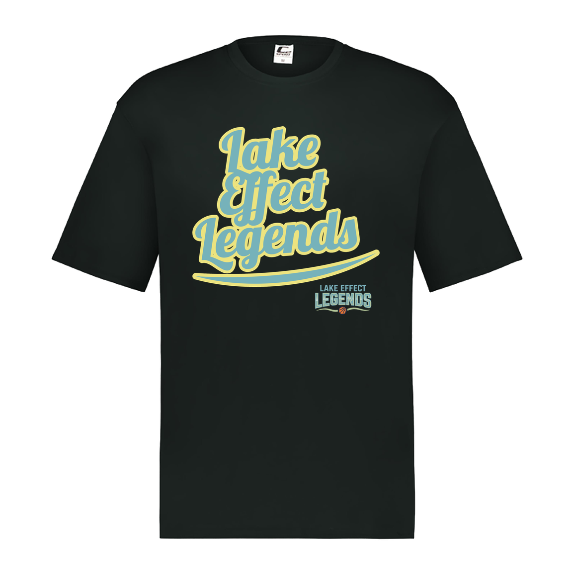 lake-effect-legends-retro-script-c2-mens-performance-short-sleeve-tee — Black — Front — source sha256 859aacfe04d0f431b24358e92b3cad44c7b7f8ba350ecbf21909e5479b514911 — Color position 1