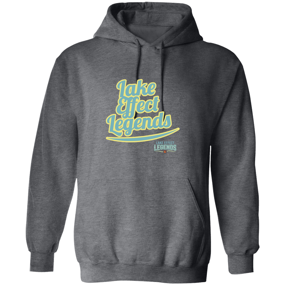 lake-effect-legends-retro-script-gildan-pullover-hoodie — Dark Heather — Front — source sha256 8731cd81a0ccd4e31f6baa5945b626c5f0db4f9047d28e0ea8fe2bd10da12d66 — Color position 6