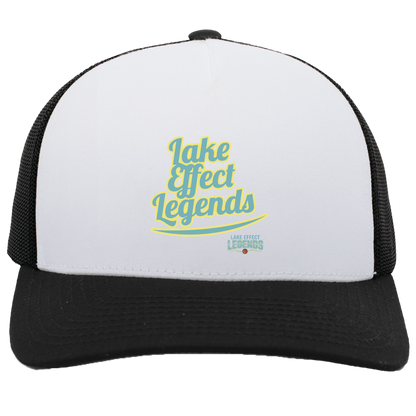 lake-effect-legends-retro-script-pacific-headwear-5-panel-trucker-snapback-cap — White/Black — Front — source sha256 87d05a5b0c0db1afd86e1e635b450e87cba0e8405b06cae860c0b276381095ce — Color position 5