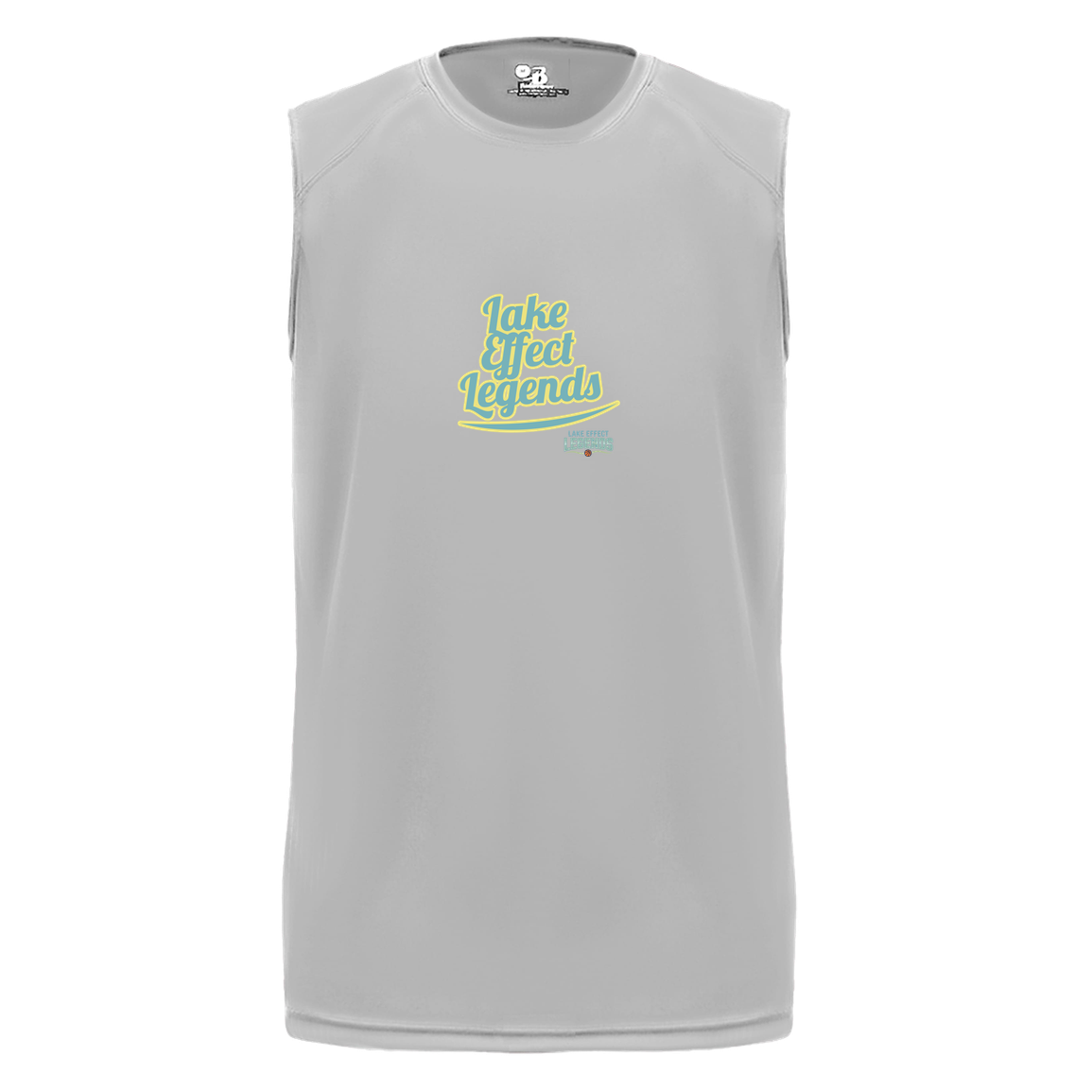 lake-effect-legends-retro-script-badger-b-core-sleeveless-performance-tee — Silver — Front — source sha256 8f62b7ad1a8ca323fd437f20f88f706474f127645be19090732c7b1a47a701e5 — Color position 3