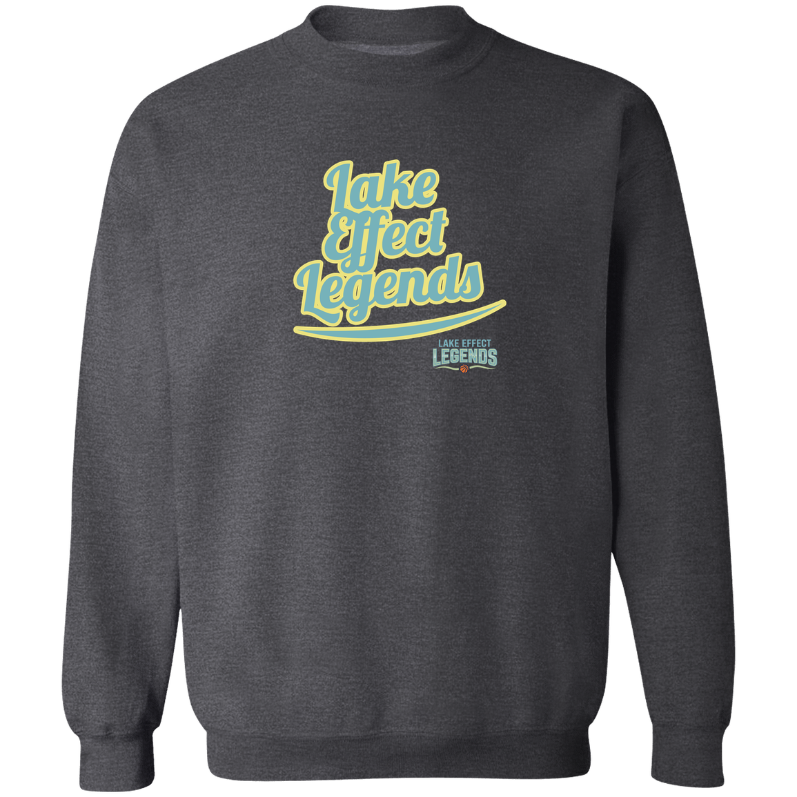 lake-effect-legends-retro-script-gildan-crewneck-pullover-sweatshirt — Dark Heather — Front — source sha256 a8321114e2055bb74a6fcd5127c07b2fa04025046fdca49d0814ee5c09d3338c — Color position 6