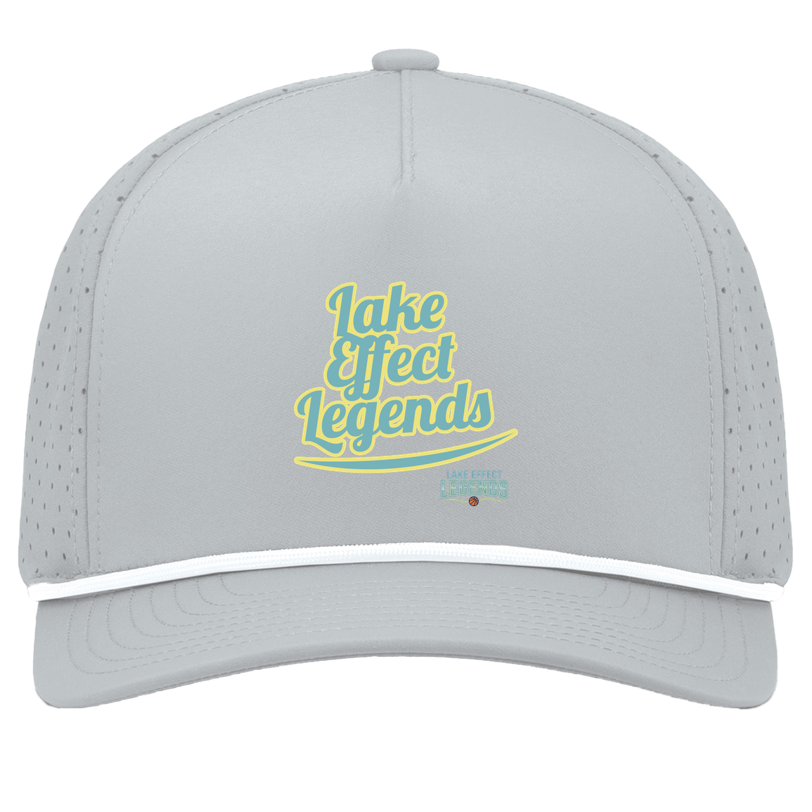 lake-effect-legends-retro-script-pacific-headwear-weekender-perforated-snapback-cap — Silver/White — Front — source sha256 ab1850c3323ea80c68964402e223381a5648f978a1411971841fd01c3f972e01 — Color position 5