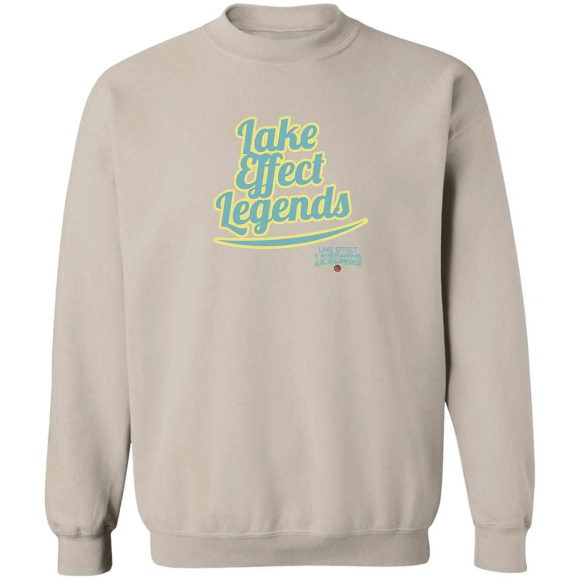 lake-effect-legends-retro-script-gildan-crewneck-pullover-sweatshirt — Sand — Front — source sha256 b2796c7309c44cf266c211c28e0c2c6d8053c951efae5ffc62b86c2e4f328cb4 — Color position 5