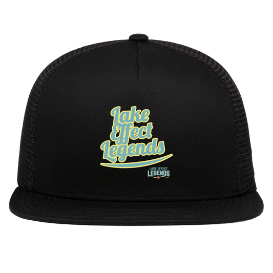 lake-effect-legends-retro-script-pacific-headwear-d-series-5-panel-trucker-snapback-cap — Black — Front — source sha256 b3c68c81dd2d2353164e493ad21867f5060770e7f8ea296fbbc00ad9ff2fb9db — Color position 1