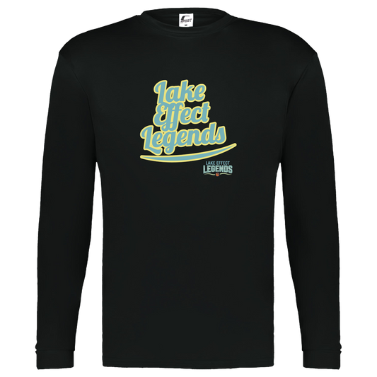 lake-effect-legends-retro-script-c2-kids-performance-long-sleeve-tee — Black — Front — source sha256 bc1aa5062ba955dccd9e2f81900acedc9353171e2ab234081e00088a38f3df0e — Color position 1
