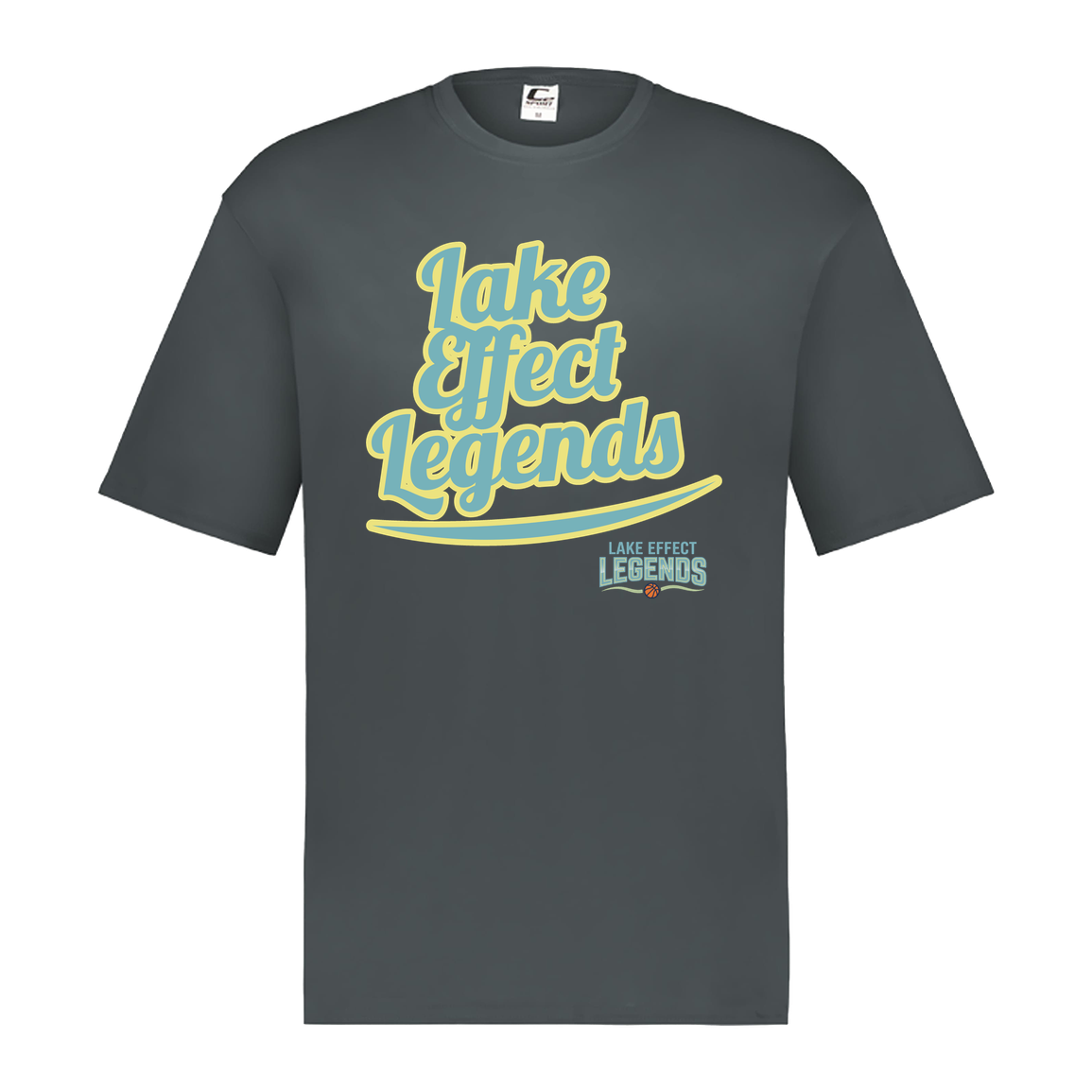 lake-effect-legends-retro-script-c2-mens-performance-short-sleeve-tee — Graphite — Front — source sha256 d57e2fb7a697559abd59787d984b9f5e08ca73a0ae4d7ab0716b0d62ebac1702 — Color position 2