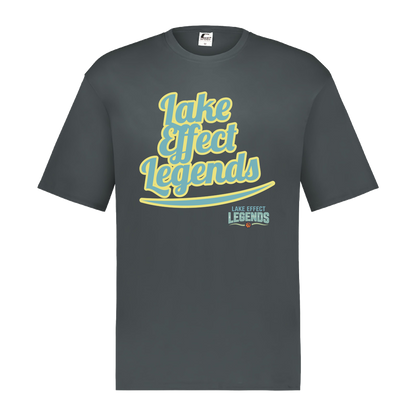 lake-effect-legends-retro-script-c2-mens-performance-short-sleeve-tee — Graphite — Front — source sha256 d57e2fb7a697559abd59787d984b9f5e08ca73a0ae4d7ab0716b0d62ebac1702 — Color position 2