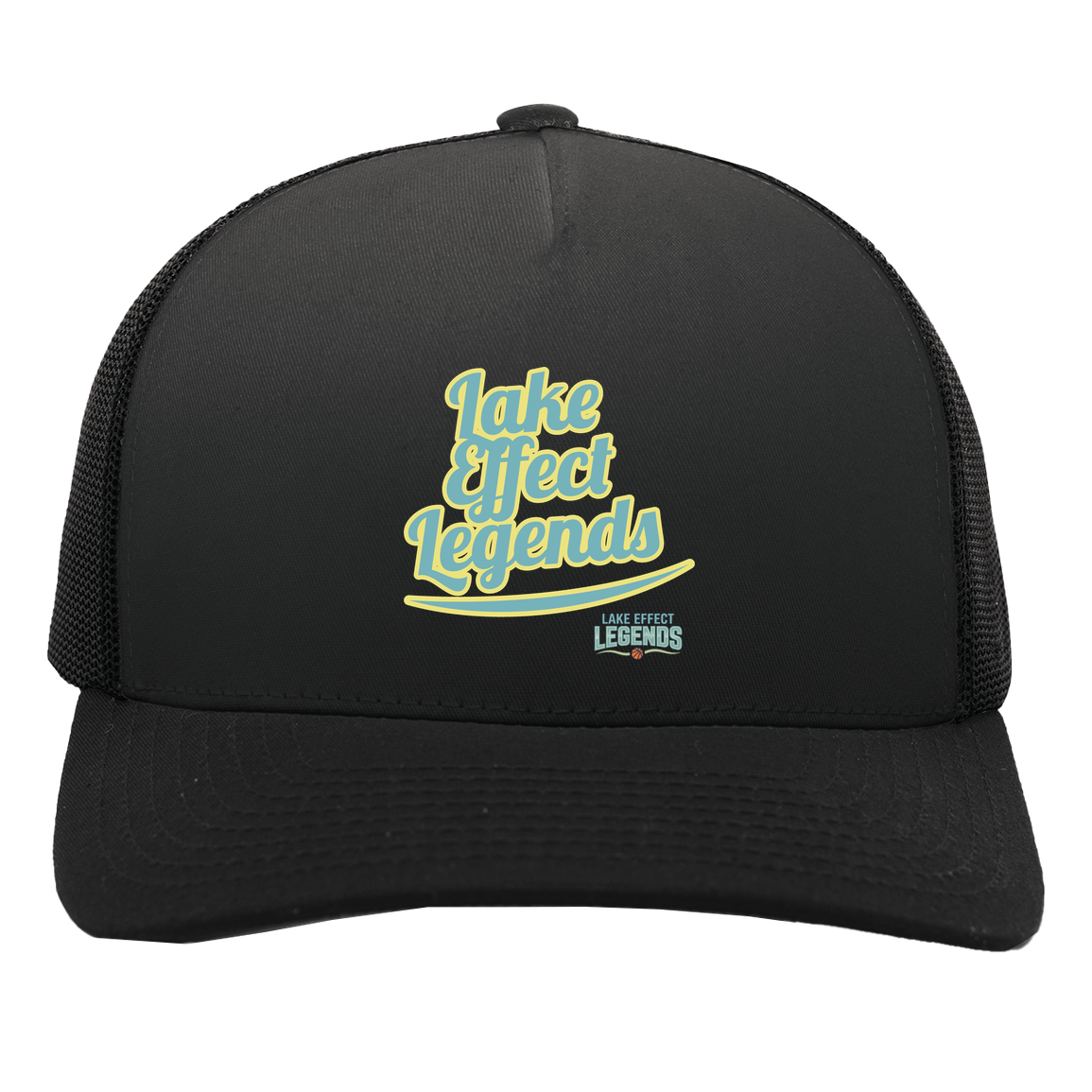 lake-effect-legends-retro-script-pacific-headwear-5-panel-trucker-snapback-cap — Black/Black — Front — source sha256 dcfd54d72b8d825f1d530d4c7e56845bd647d64c7d36291de52d3bf7bb92b51d — Color position 3
