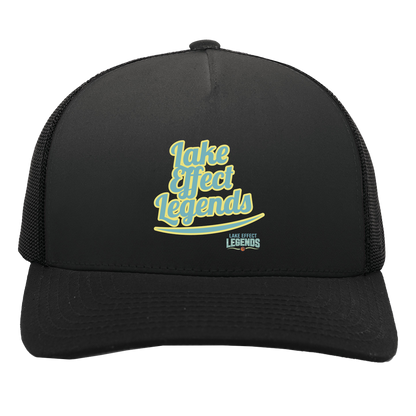 lake-effect-legends-retro-script-pacific-headwear-5-panel-trucker-snapback-cap — Black/Black — Front — source sha256 dcfd54d72b8d825f1d530d4c7e56845bd647d64c7d36291de52d3bf7bb92b51d — Color position 3