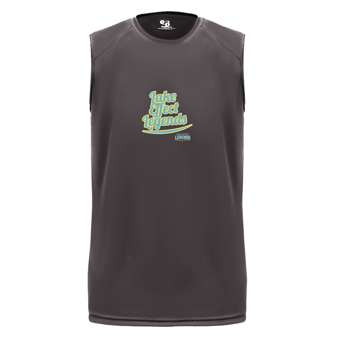 lake-effect-legends-retro-script-badger-b-core-sleeveless-performance-tee — Graphite — Front — source sha256 e9fe4663010d58c95cfeec952ad5873fe174d919ee0f1dabc7feb7d223e837aa — Color position 2
