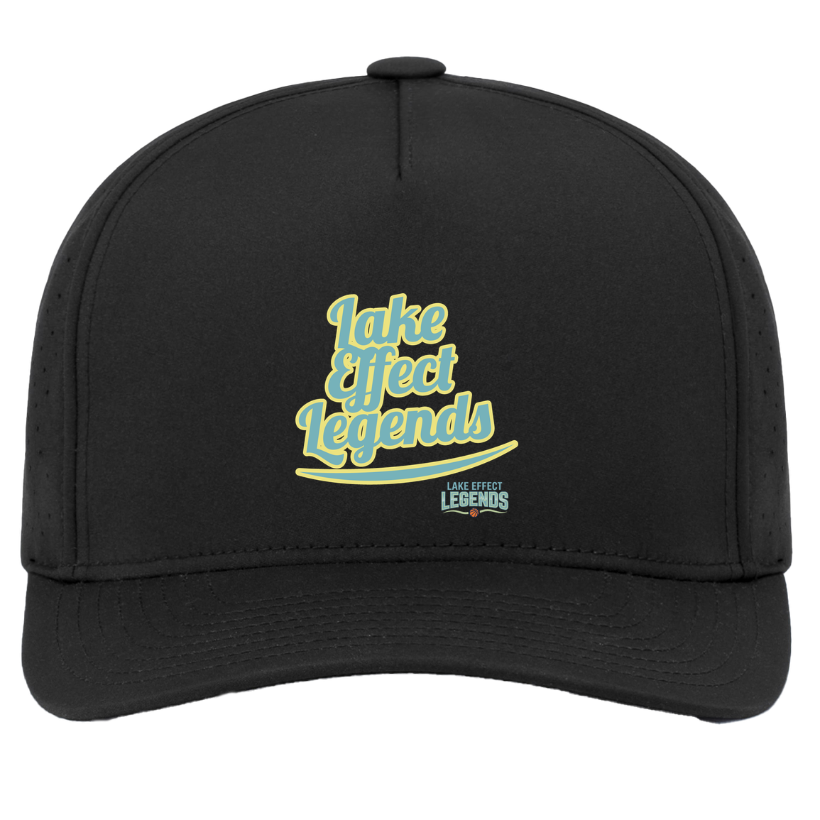 lake-effect-legends-retro-script-pacific-headwear-weekender-perforated-snapback-cap — Black — Front — source sha256 ec0d4ac886c20237f5900a8e33584a67c4fa917b3840f769080f22d33244c5bd — Color position 2