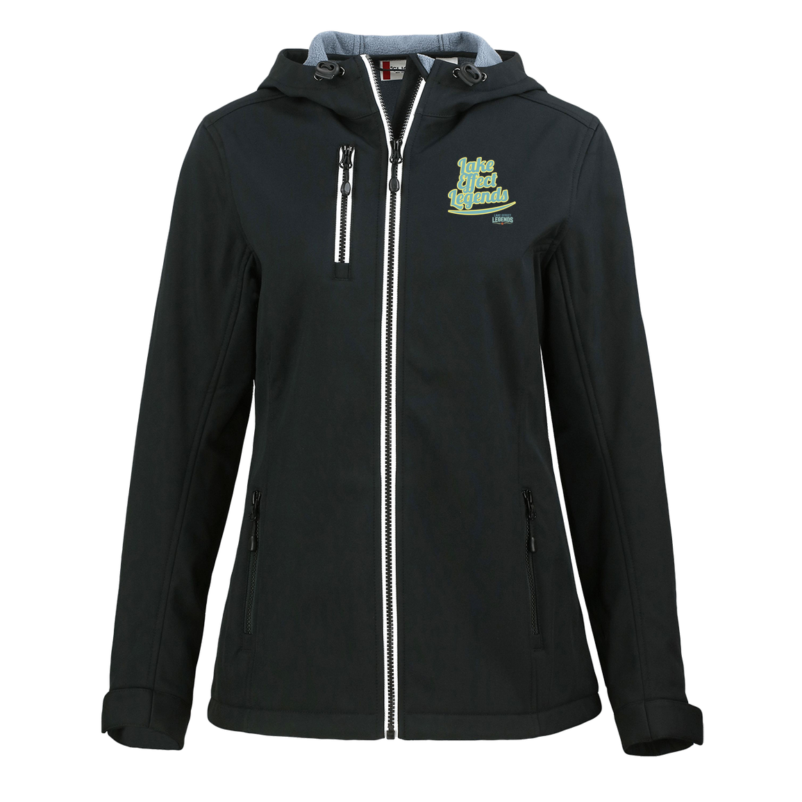 lake-effect-legends-retro-script-clique-womens-eco-stretch-softshell-jacket — Black — Front — source sha256 f6b28dd31bcb3eace43bdab3488a26b3c951af1b51312c0040de4c3e38842a2e — Color position 1