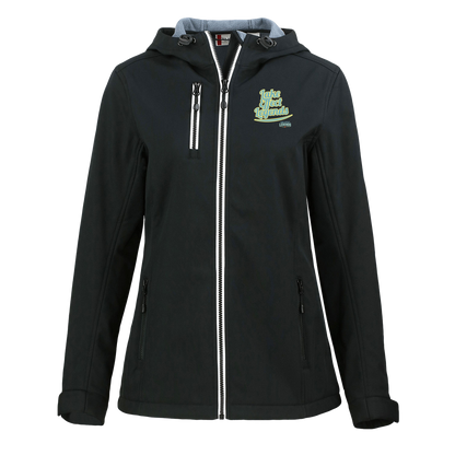 lake-effect-legends-retro-script-clique-womens-eco-stretch-softshell-jacket — Black — Front — source sha256 f6b28dd31bcb3eace43bdab3488a26b3c951af1b51312c0040de4c3e38842a2e — Color position 1