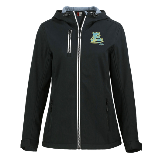 lake-effect-legends-retro-script-clique-womens-eco-stretch-softshell-jacket — Black — Front — source sha256 f6b28dd31bcb3eace43bdab3488a26b3c951af1b51312c0040de4c3e38842a2e — Color position 1