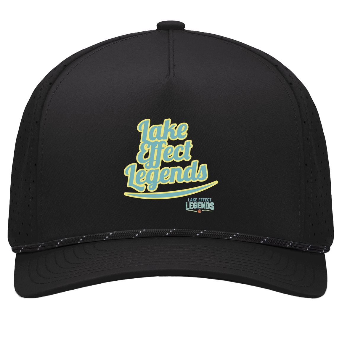 lake-effect-legends-retro-script-pacific-headwear-weekender-perforated-snapback-cap — Black/Black — Front — source sha256 fea90d581922752e8234dd239b915909f67c87d2509b7d176d9eff04845b7d2b — Color position 1