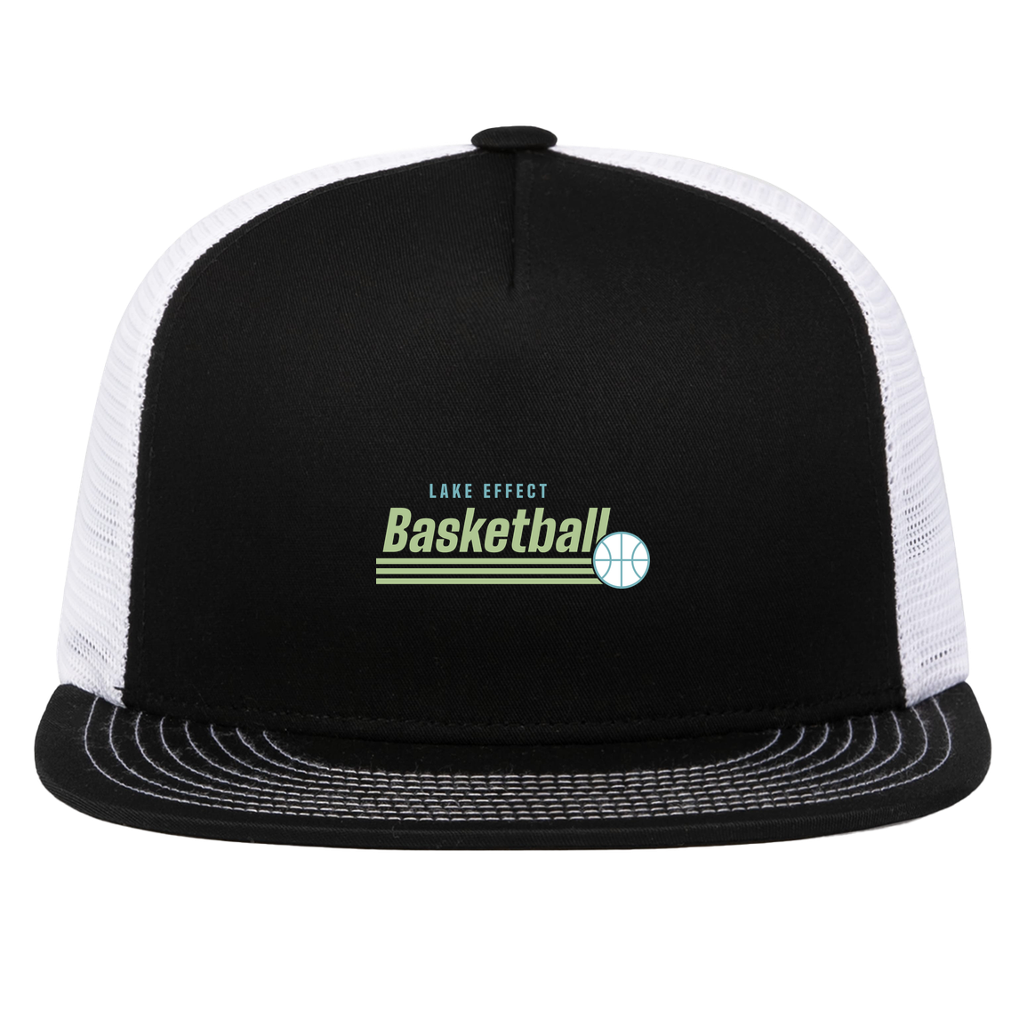 lake-effect-legends-retro-stripes-pacific-headwear-d-series-5-panel-trucker-snapback-cap — Black/White — Front — source sha256 87947fd8b36b03fca4655d97ef72126c0d056a73d36697aa8a62070d364ba668 — Color position 2
