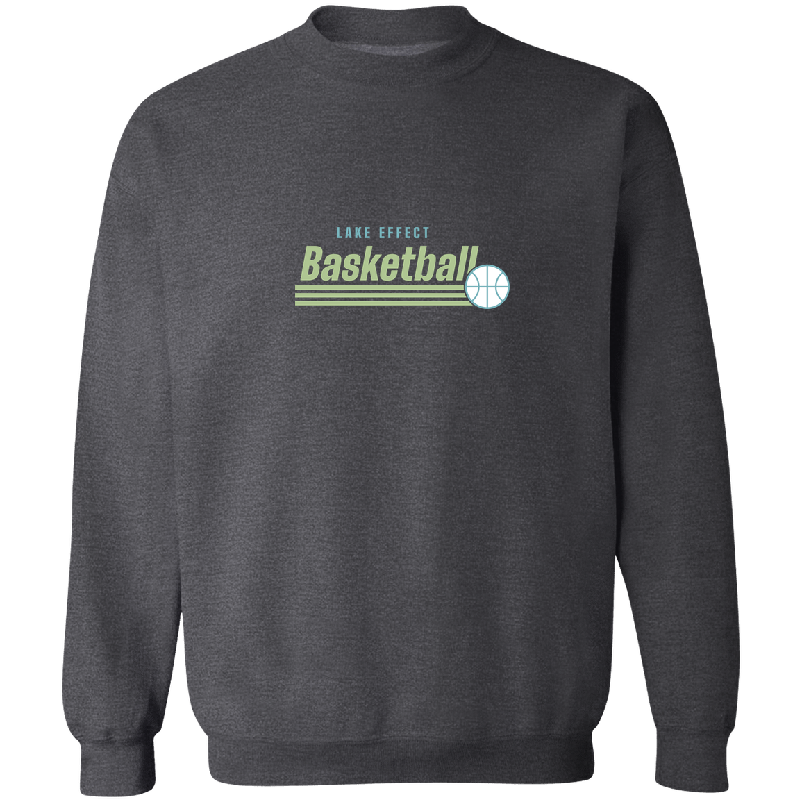 lake-effect-legends-retro-stripes-gildan-crewneck-pullover-sweatshirt — Dark Heather — Front — source sha256 99b5120ce4c75b8030f959f2c0eab77c43d3a31e61e5f998820950c92ab28aea — Color position 6