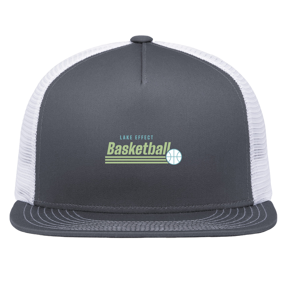 lake-effect-legends-retro-stripes-pacific-headwear-d-series-5-panel-trucker-snapback-cap — Graphite/White — Front — source sha256 d8d45cba686c316ffb15fe4b07b885ce6e6462820cfcc032fa73873697218ddd — Color position 4