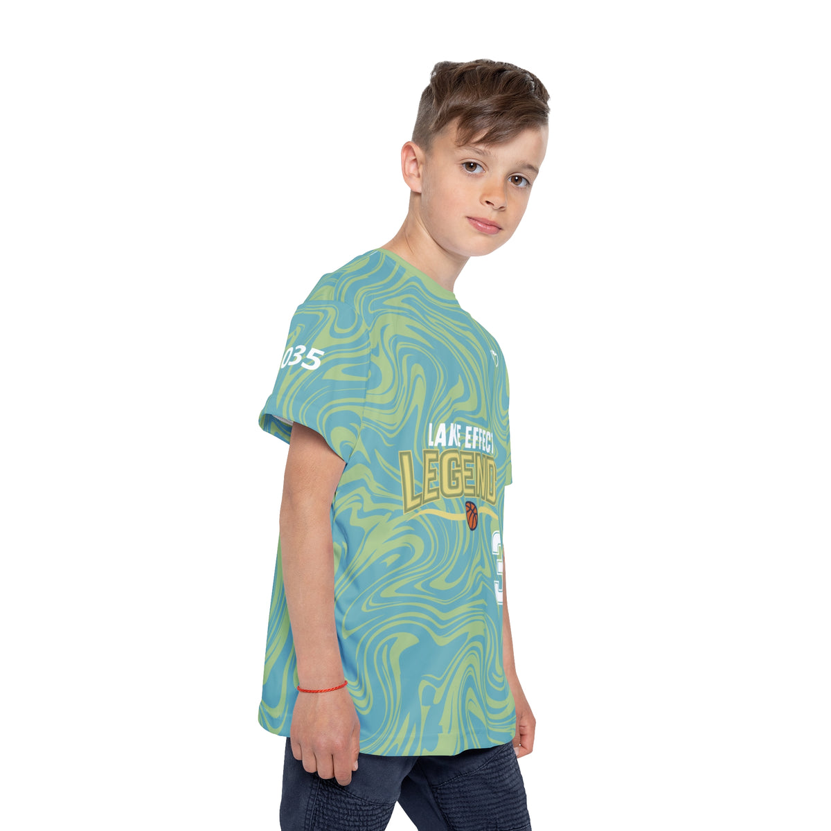 Lake Effect Legends Marble Kids Sports Jersey — model right side