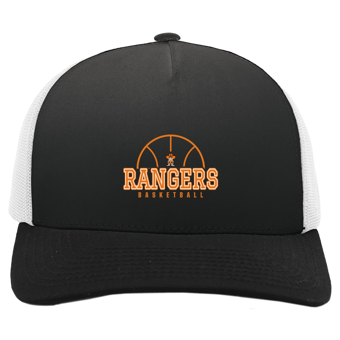 manton-elementary-ball-dome-pacific-headwear-5-panel-trucker-snapback-cap — Black/White — Front — source sha256 1455b44fa4473b5eafc1dbd01710c84161c0cc9348d9ec10db8e66bc89820e13 — Color position 4