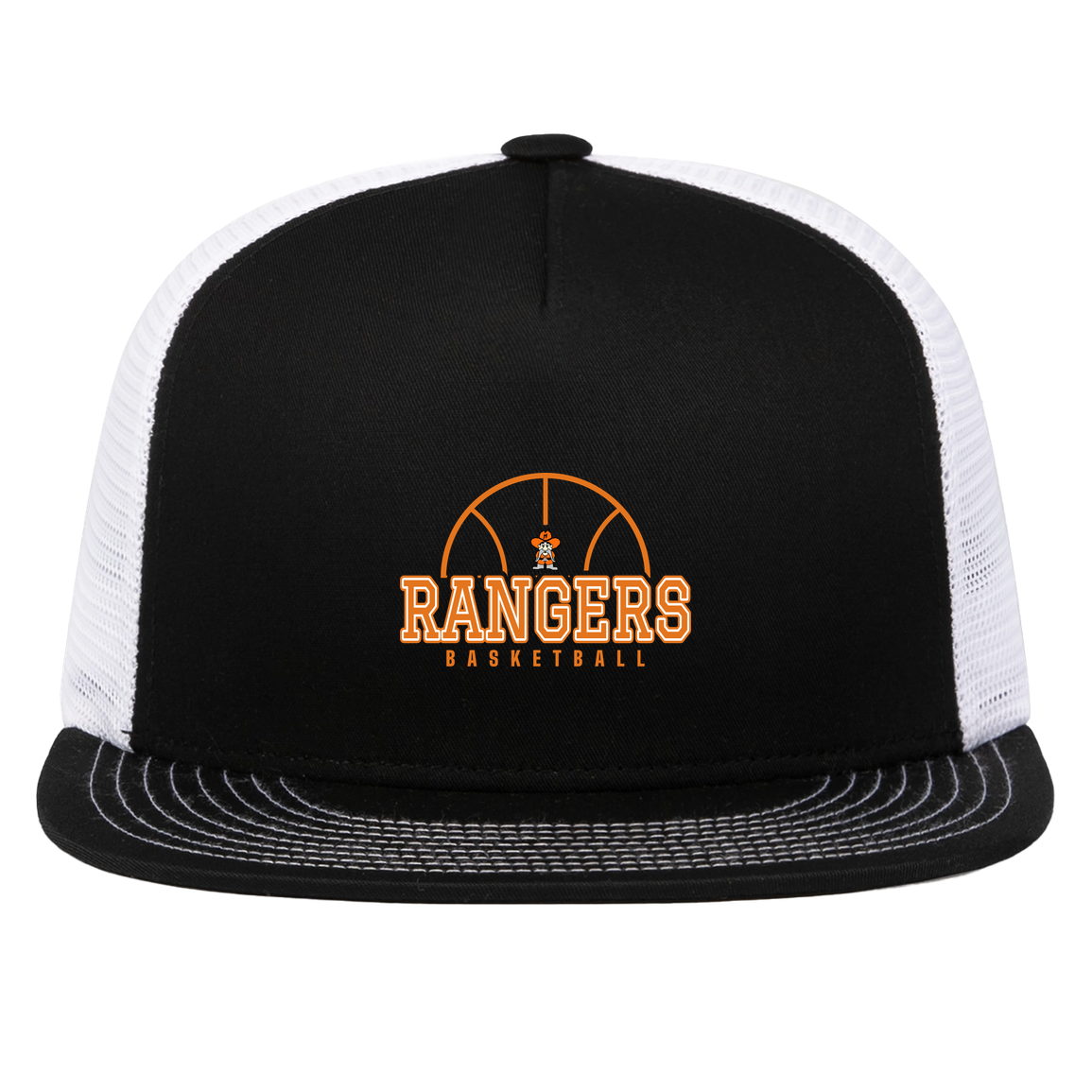 manton-elementary-ball-dome-pacific-headwear-d-series-5-panel-trucker-snapback-cap — Black/White — Front — source sha256 e0c9dffceac10e086666da77cf0c720e02436653edd9f0df05ae21d39d390787 — Color position 2
