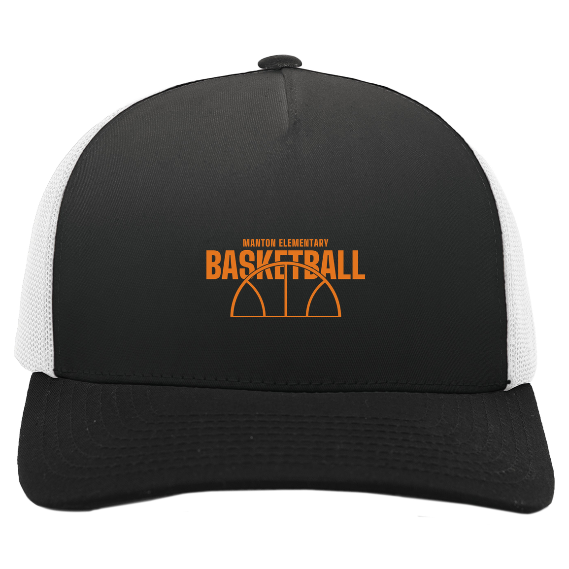manton-hoop-horizon-pacific-headwear-5-panel-trucker-snapback-cap — Black/White — Front — source sha256 16ef22653605ba7515ffe3f943270790c7d3d773bbc47dda1dbe5e1d1bbcc569 — Color position 4