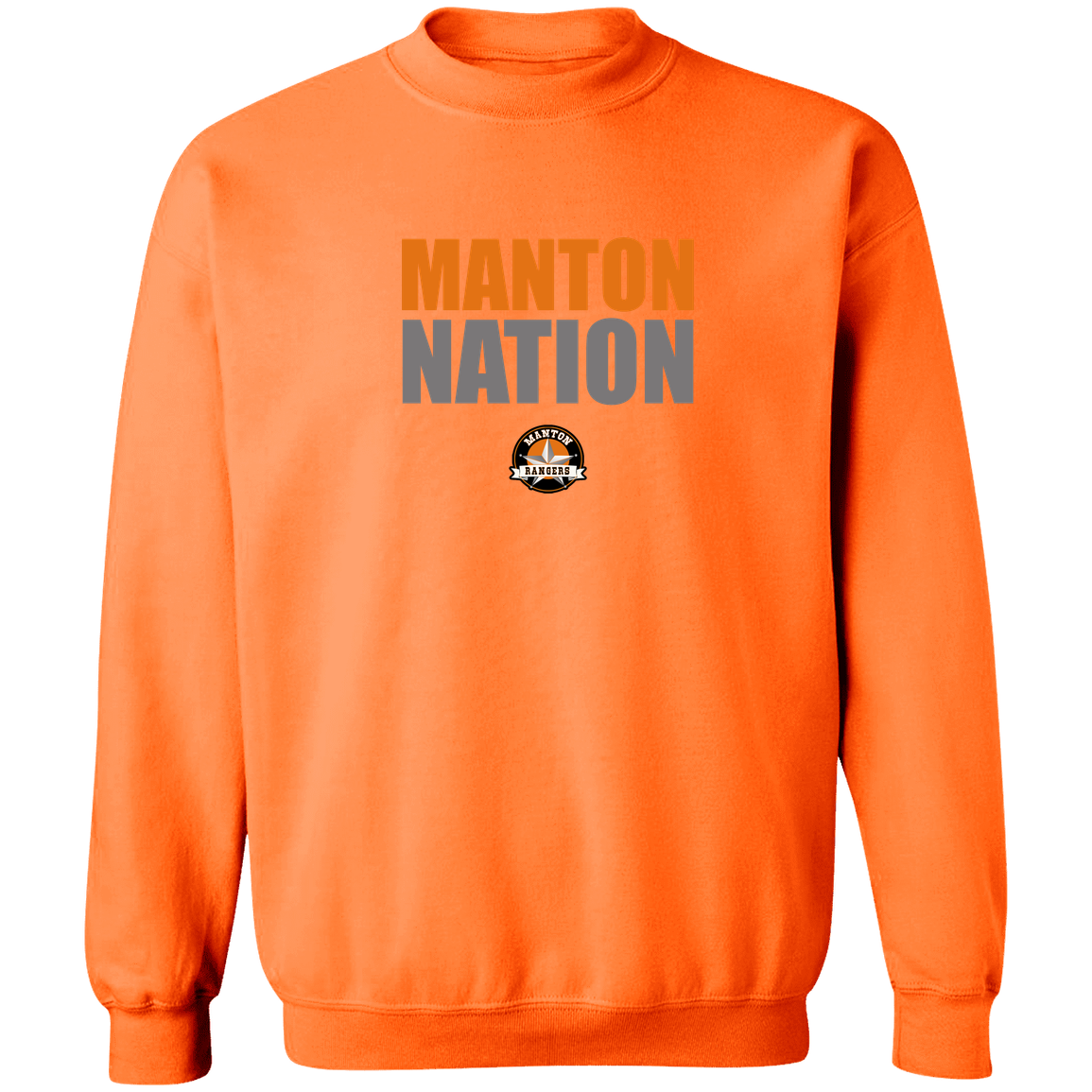 manton-nation-stack-gildan-crewneck-pullover-sweatshirt — Safety Orange — Front — source sha256 f6f9a9409b4dd660816ca182e92692722a89f8e4f0f888f8ab581eff9c7a0f8a — Color position 3