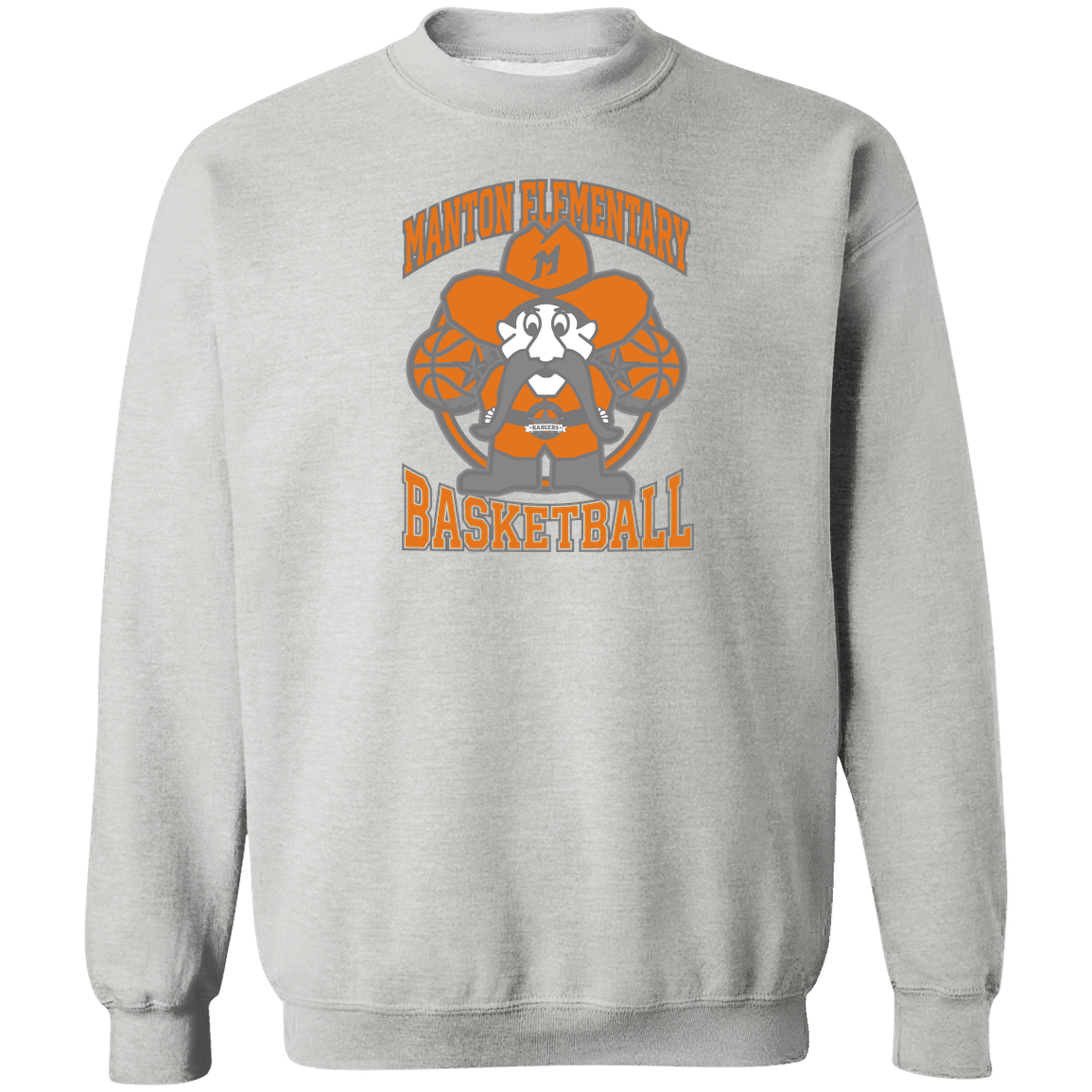 manton-ranger-mascot-hoops-gildan-crewneck-pullover-sweatshirt — Sport Grey — Front — source sha256 09e453dcd410b69cda0c45566cb14e6395a1493e57025b863a40283ef8d7e9a6 — Color position 1