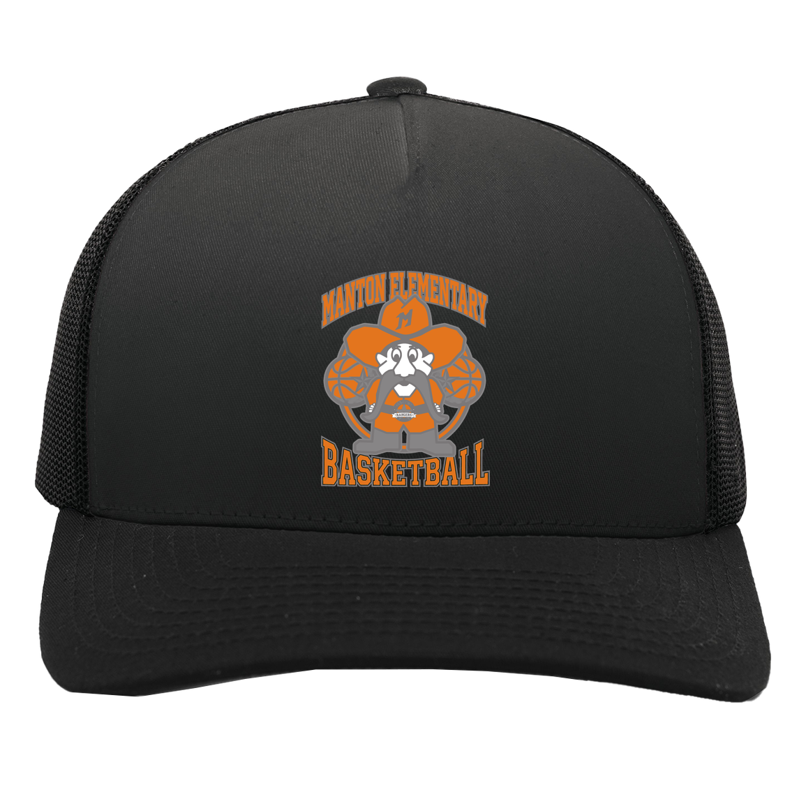 manton-ranger-mascot-hoops-pacific-headwear-5-panel-trucker-snapback-cap — Black/Black — Front — source sha256 1125f608b646aeb36697be12ece547197c942ce77affcd6b1116674c12f222b4 — Color position 3