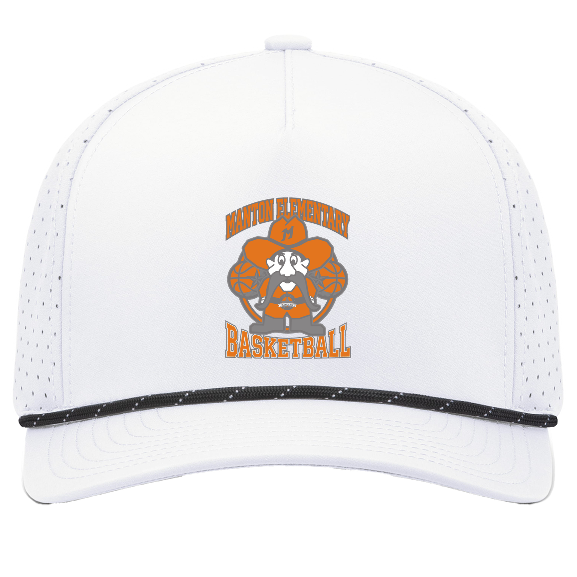 manton-ranger-mascot-hoops-pacific-headwear-weekender-perforated-snapback-cap — White/Black — Front — source sha256 148f48b9b659c526703e559a15cda1e4f903ad8918001407311ce9f2ffa22355 — Color position 7
