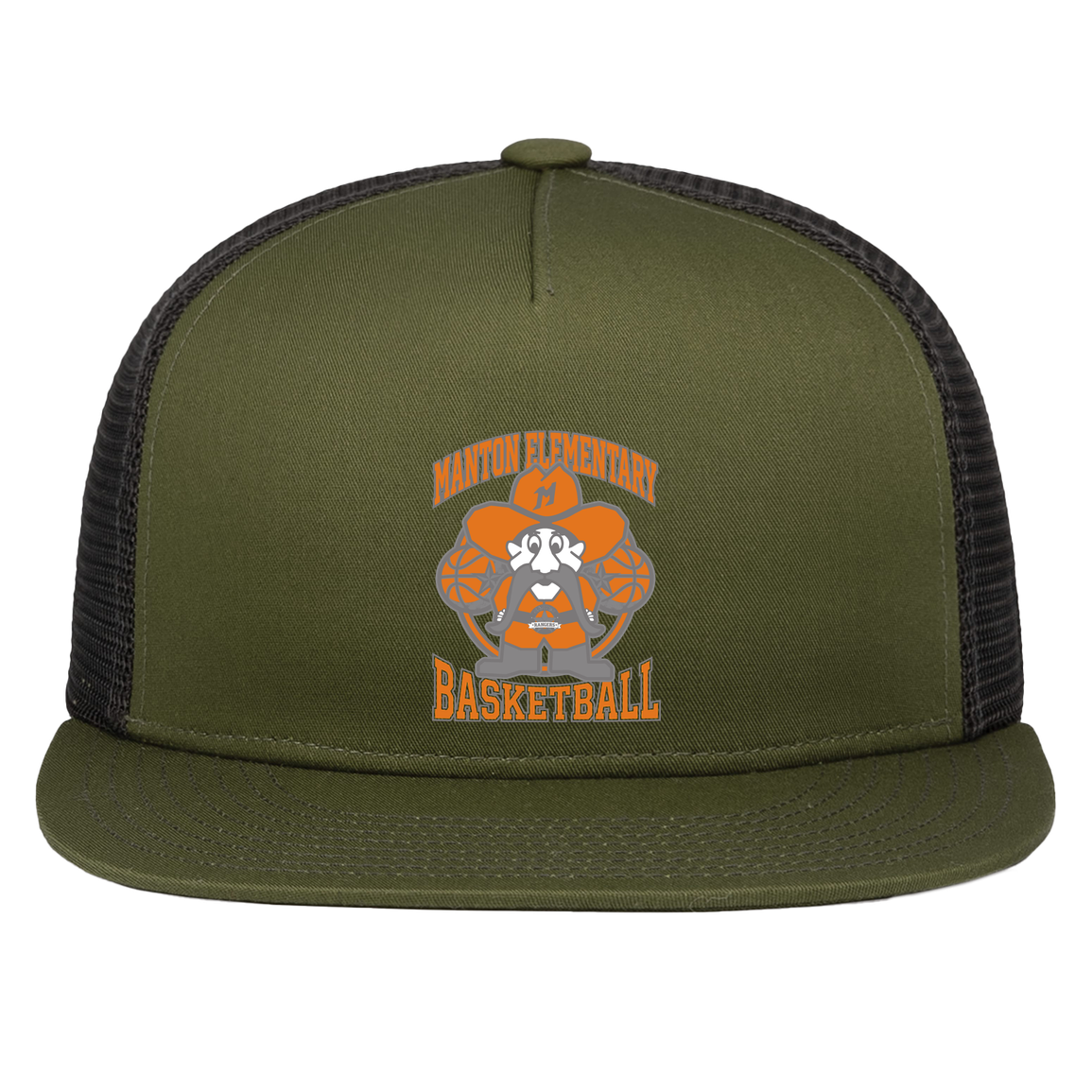 manton-ranger-mascot-hoops-pacific-headwear-d-series-5-panel-trucker-snapback-cap — Moss/Light Charcoal — Front — source sha256 2d2ce1d370af86a7abf2e69e4d930a1da0a6a9321ae5fe1283d9a9d5a0745414 — Color position 6