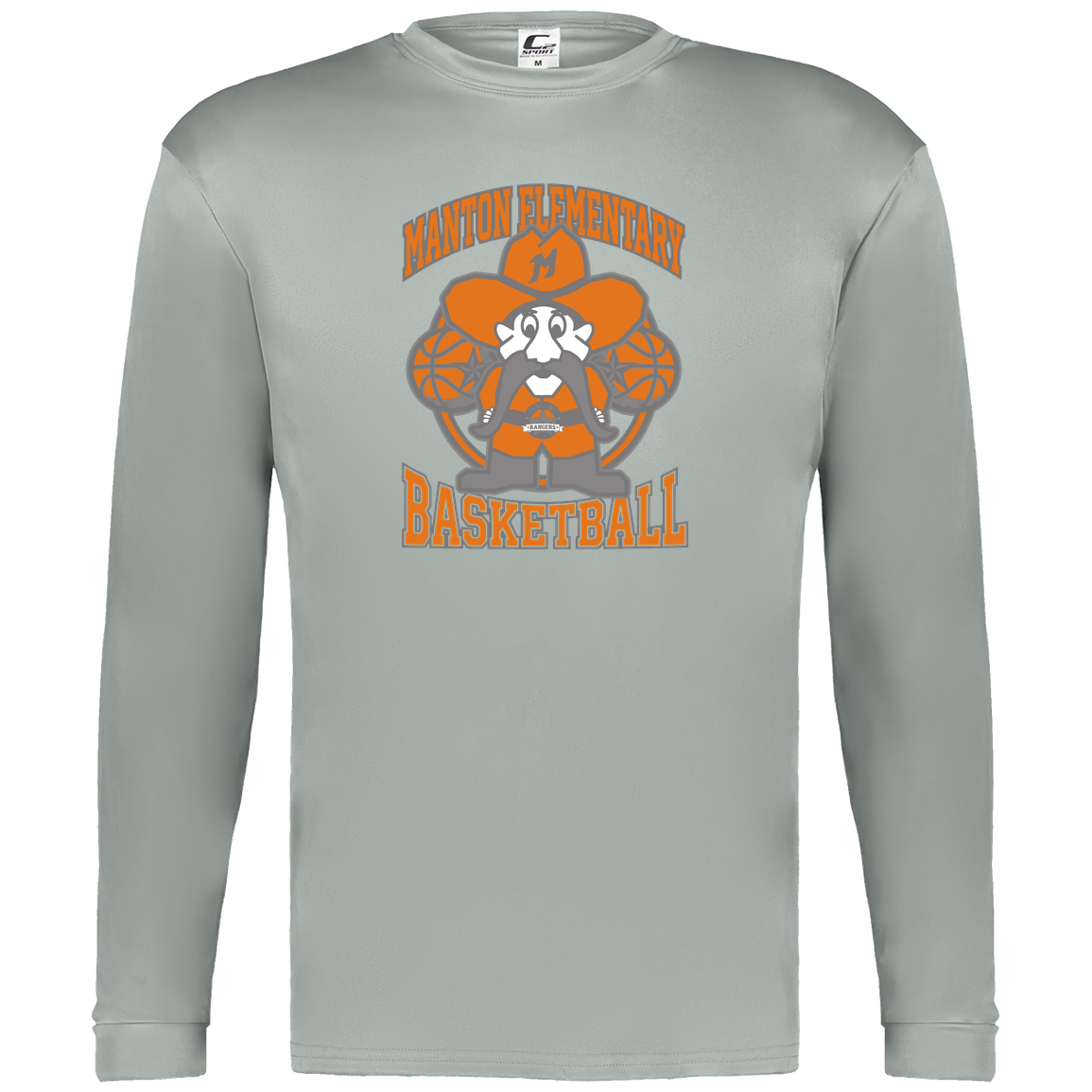 manton-ranger-mascot-hoops-c2-mens-performance-long-sleeve-tee — Silver — Front — source sha256 2e1b7b6f1e7babb7370cd8489934a279a955bbcb62cb909ed361f551daf0de10 — Color position 3
